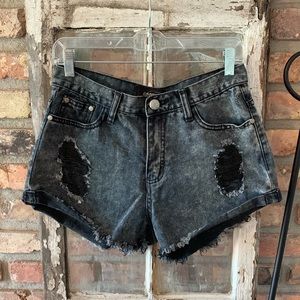 High waisted distressed dark acid jean shorts